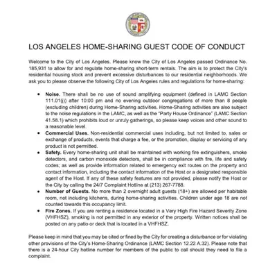 a page of a document with the words los angels home sharing guest code of conduct at Tranquil Comfortable 2BR Home Mid Wilshire in Los Angeles