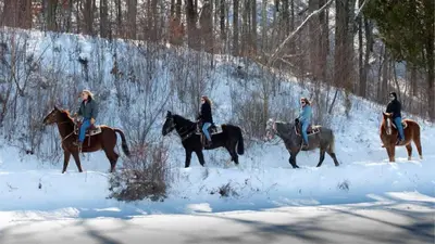 a group of people riding horses in the snow at Hot Tub/Game Tables/Dogs OK - Aspen Glen in Big Bear Lake