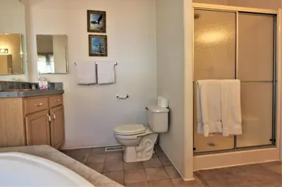 a bathroom with a toilet and a shower with towels at Bluebird Cottage in Big Bear Lake