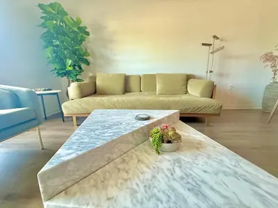 a living room with a couch and a table at Designer 1 Bedroom Condo in Silver Lake in Los Angeles