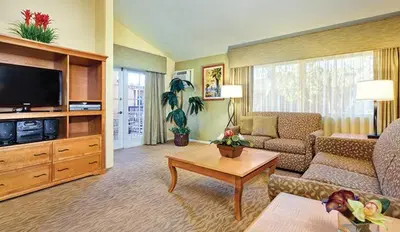 a living room with a couch and a tv at Wyndham Dolphin's Cove 2BR Suite with Resort Access in Anaheim