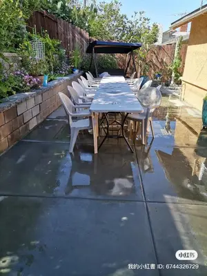 a row of tables and chairs on a patio at 1 bedroom in a quiet neighborhood near the main street - Room B in Rowland Heights