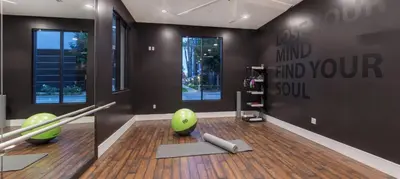 a room with some pilates equipment on the floor at Noho Haven 2 bed Apt with FREE Parking in North Hollywood
