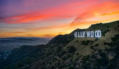 a painting of the hollywood sign on a mountain at Modern 1BR Apartment with Pool, Hot Tub and Gym Access 10mins to Universal Studios in Los Angeles