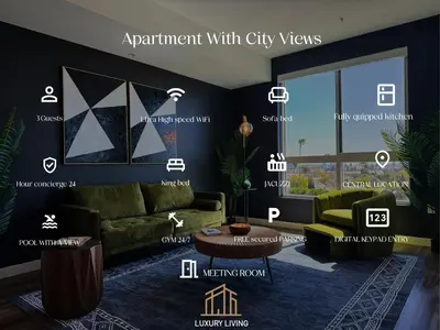 a living room with a green couch and a table at Modern 1BR Apartment with Pool, Hot Tub and Gym Access 10mins to Universal Studios in Los Angeles