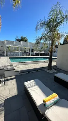 a swimming pool with a chaise lounge and a palm tree at Wellness Villa Resort in Abbeyville