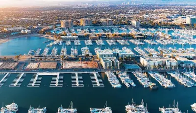 an aerial view of a marina with boats at 3BR Marina del Rey Condo with Pool, Hot Tub & Parking - 15 Min to LAX in Los Angeles