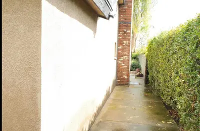 a dog sitting on a sidewalk next to a wall at Champagne Retreat in Upland