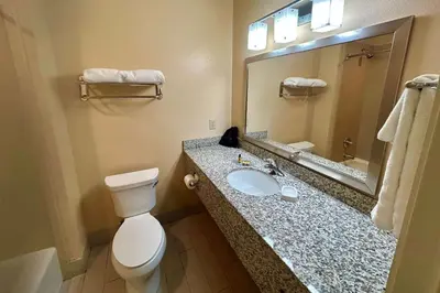 a bathroom with a toilet and a sink and a mirror at Wyndham Garden Lancaster CA in Lancaster