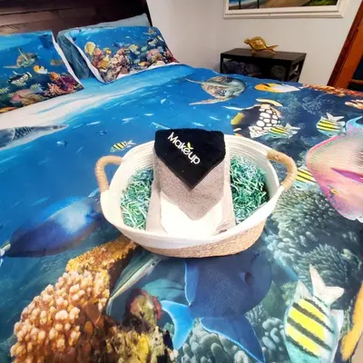 a bedroom with a bed with a painting of the ocean at Star Gazer's Paradise in Apple Valley