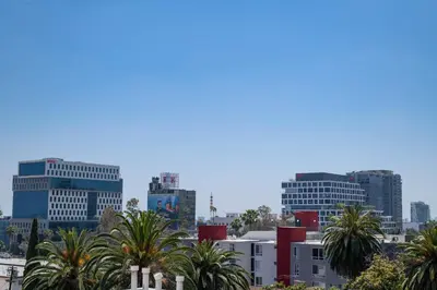 a city skyline with palm trees and buildings at Stylish 2BR Apt with Rooftop Pool & Hollywood Views in Los Angeles