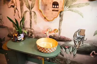 a room with a table with a bowl on it at Casa Cleopatra Bold Design, Pool and Privacy in Los Angeles