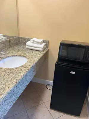a bathroom counter with a sink and a microwave at Carlton Motor Lodge in Los Angeles