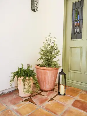 two potted plants sitting on a floor next to a door at Oja Mountain Ridge in Ojai