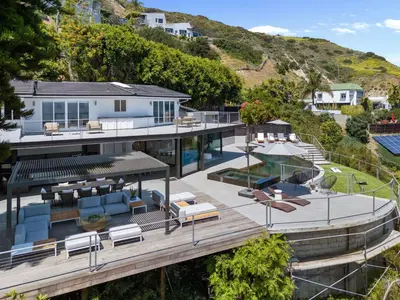 an aerial view of a house with a deck at Malibu Oceana Bleu by Stay Awhile Villas in Malibu Beach