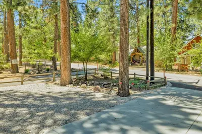 a path in a park with trees and a house at Lily's Bear Cabin #2544 in Big Bear Lake