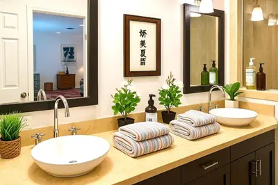 a bathroom with two sinks and two mirrors at Hollywood Hills Spa Retreat Oasis with Tree Top Views, Private Jacuzzi Style Tub, Steam Room, Magical Half Acre Acre Garden and Patio, Free Parking for 2 cars, in LA's most Serene, Central Desirable Area in Los Angeles