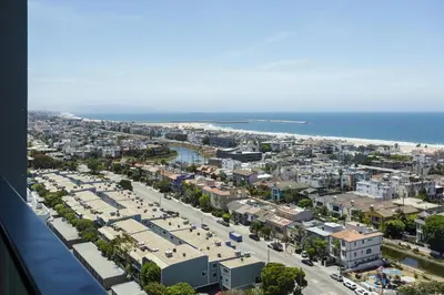 an aerial view of a city and the ocean at Top Floor Marina Escape 3BR Penthouse Ocean View in Los Angeles