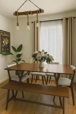 a dining room with a wooden table and benches at Exquisite 2BDRM in Heart of MDR King Bed in Los Angeles