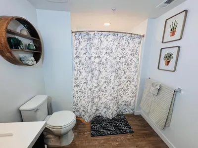 a bathroom with a toilet and a shower curtain at The Hollywood loft FREE Parking in Los Angeles