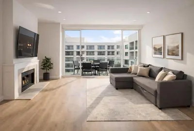 a living room with a couch and a fireplace at Marina Del Rey 2-Bedroom and 1-Bedroom - Close To Beach in Los Angeles