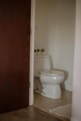 a bathroom with a toilet and two plants on a shelf at Dreamy Mid-Century Modern Pad in Los Angeles
