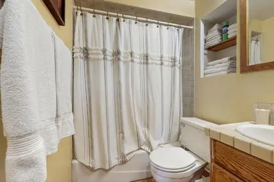 a bathroom with a toilet and a shower curtain at Couples Retreat Near Lake Arrowhead and Hiking! in Lake Arrowhead