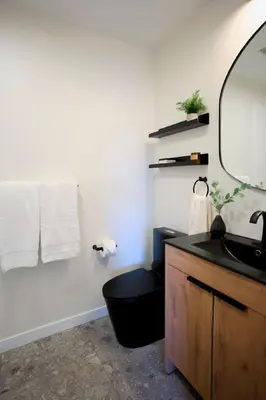 a bathroom with a toilet and a sink and a mirror at New Venice Beach Zen Hideaway in Los Angeles