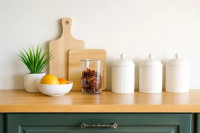 a wooden counter with a bowl of fruit and a vase at Fullerton Disneyland Getaway - 4BR in Fullerton