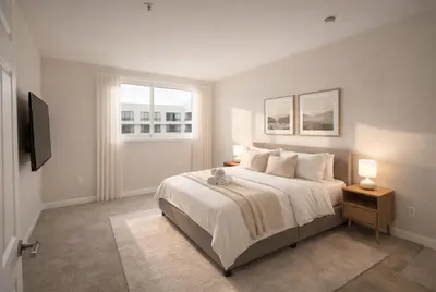 a bedroom with a large bed and a window at Marina Del Rey Luxe 2-Bedroom & 1-Bedroom - Hot Tub, Pool Table, Grill & Cinema Projector in Marina del Rey