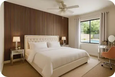 a bedroom with a large white bed and a window at Luxury Pool View Spa Suite-Massage Chair-Steam Sauna-Welcome Champagne ! in Westlake Village