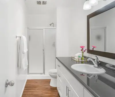 a bathroom with a sink and a toilet and a mirror at Luxury Pool View Spa Suite-Massage Chair-Steam Sauna-Welcome Champagne ! in Westlake Village