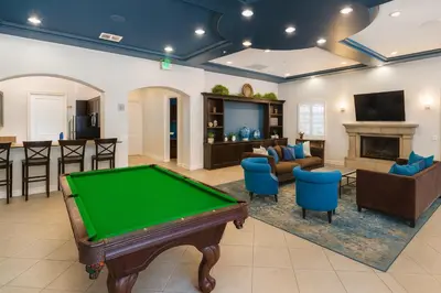 a living room with a pool table and a bar at Marina Del Rey Beach Retreat w Hot Tub, Billiards & Grill in Los Angeles