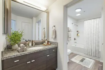 a bathroom with a sink and a large mirror at Marina Del Rey Beach Retreat w Hot Tub, Billiards & Grill in Los Angeles