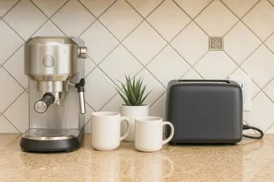 a kitchen counter with a coffee maker and coffee cups at 4BR Fullerton Retreat - Private Backyard in Fullerton