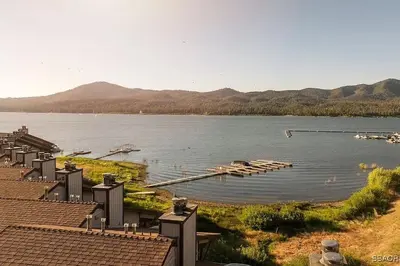 a view of a lake with boats in the water at Lake Forest Shores at Big Bear Lake in Big Bear Lake