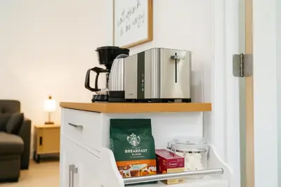 a coffee maker sitting on top of a kitchen counter at South Pasadena Studio Spa Escape in South Pasadena