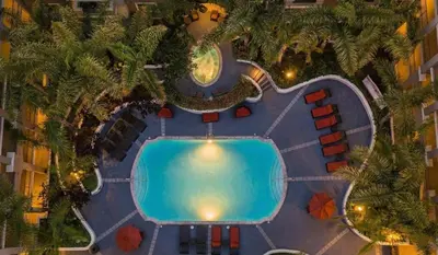 an overhead view of a swimming pool in a resort at Marina del Rey Family 1BA & 2BA - Pool, Spa and Gym Access in Los Angeles