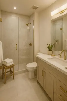 a bathroom with a shower and a toilet and a sink at Marina del Rey 2BR with Pool, Hot Tub, and Gym in Los Angeles