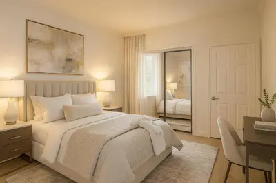 a white bedroom with a bed and a mirror at Marina del Rey 2BR with Pool, Hot Tub, and Gym in Los Angeles
