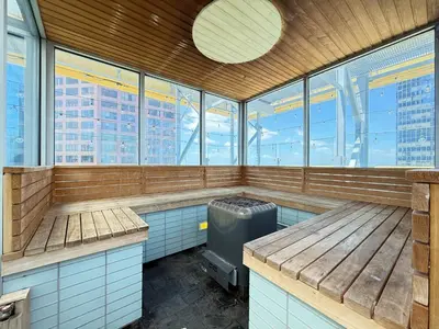 a sauna with a trash can in the middle at Luxury Loft Living 1BR in Trendy Complex -113-GL in Glendale