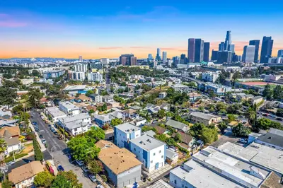 an aerial view of a city with skyscrapers at Prestige 5BR Townhome Near LA Hot Spots in Los Angeles