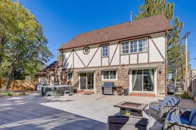 a large patio in front of a house at Beautiful Lake-View House Walk to Lake and Village! in Big Bear Lake