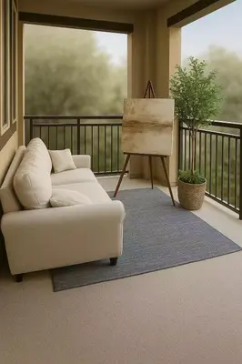 a living room with a couch on a balcony at \u4e09\u697c\u4e24\u623f\u4e24\u536b\u8fd1\u5e02\u4e2d\u5fc3\u4ea4\u901a\u4fbf\u5229\u6b65\u884c\u53ef\u8fbe\u5546\u5708\u9002\u5408\u5bb6\u5ead in Eastvale