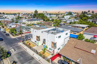 an overhead view of a city with a white building at Experience Luxury 4BR Townhouse Sleeps 8 with Parking in Los Angeles
