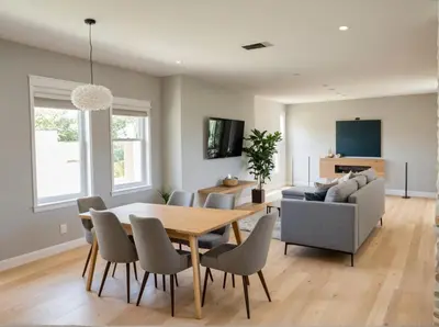 a dining room with a table and chairs and a couch at Stay in Style Hollywood Residences with Free Parking in Los Angeles