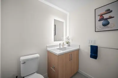 a bathroom with a white toilet and a sink at The Jade Hill Views - Penthouse - Pool, Gym, Balcony in Los Angeles