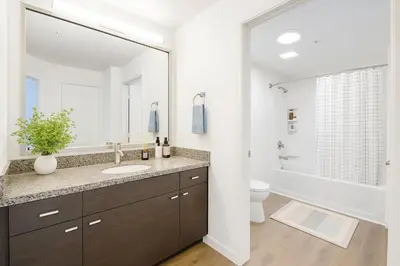 a bathroom with a sink and a toilet at Relaxed Marina del Rey Stay - 1BR with Pool, Sauna & Gym Access in Los Angeles