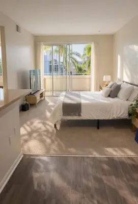 a bedroom with a large bed and a large window at Relaxed Marina del Rey Stay - 1BR with Pool, Sauna & Gym Access in Los Angeles