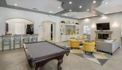 a living room with a pool table and a bar at Marina Del Rey Apartment with Resort Amenities - Short Distance To Venice Beach in Los Angeles